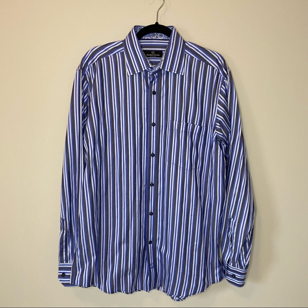 Bugatchi Uomo Blue White Stripe Long Sleeve Button Down Dress Shirt Sz Large